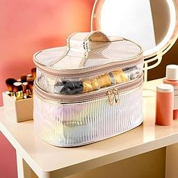Kuber Industries Travel Storage Organizer | Dual Layer Cosmetic Bag with Handle | Visible Window Jewellery Kit | Travel Makeup Pouch | Oval Shape Toiletries Bag | Rainbow-Design | Golden-37
