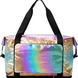holgraphic Foldable Gym Bag for Women, Sports Travel Duffel Bag, Weekender Overnight Bag, Travel, Yoga, Luxury Handbag Expandable Folding Bag, Lightweight Water Resistant (Dazzling Gold)-image-35