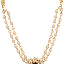 Stone Studded Motif Mala Pendant Necklace Set for Women and Girls | Dual-Strand Pearl Chain with Green Centerpiece Pendant and Matching Earrings-image-17