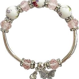 Butterfly Charm Bracelet, Silver-tone Alloy with Ceramic Beads and Crystal Accents, Pink Colored-image-77