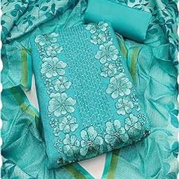 Women's Floral Embroidered Unstitched Dress Material | Kota Doria Top with Santoon Bottom & Kota Doria Dupatta | Stylish Wear for Special Occasions-image-69