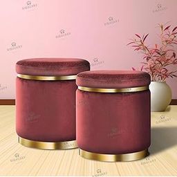 RIBAVARY Velvet Luxurious Sitting Stool for Bedroom & Living Room, Sofa Side Stool, Wooden Small Ottoman Footrest Stool, Makeup Chair, Pouf for Office & Home Decoration (Drum Combo, Maroon 2)-image-26