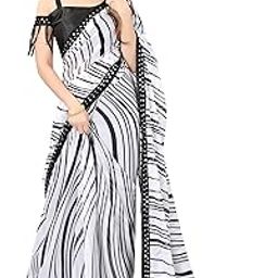 ( Black & White Striped Georgette Saree with Lace Border Saree for Women-image-90
