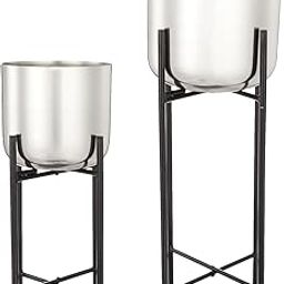 amazon basics Set of 2 Planter with Plant Stand and Flower Pot for Home Decor and Indoor and Outdoor Gardening (Silver Finish)-image-28