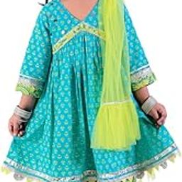 Jaipur Girls Green Cotton Kurta with Sharara with Dupata Ethnic Set-image-70
