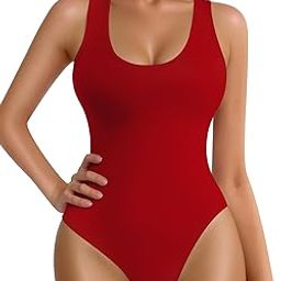 Women's Scoop Neck Ribbed Racerback Tank Top Bodysuits (Red, Medium)-image-45
