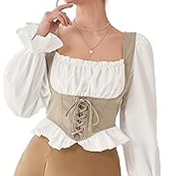 Women French Style Retro Vintage Lace-Up Layered Fake Two-Piece Puff Sleeve Ruffled Crop Blouse Corset Top Dn88-image-0