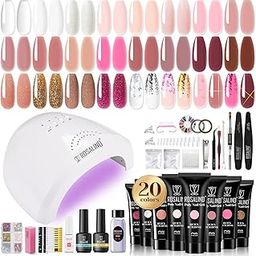ROSALIND 20PCS Poly Nail Gel Kit -White Clear Poly Nails Gel Kit Starter Kit - Slip Solution Pro Nude Pink Nail Extensions Gel Set With Mini UV Lamp Drill Nail Art Builder Kit-73
