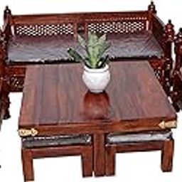 Antique Sheesham Solid Wood Sofa Set | Wooden Sofa Set | Living Room Furniture (2+1+1 with 4 Stool Center Table)-image-27