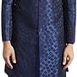 Men's Kurta Indo-Western Sherwani Trouser Set, Blue Silk Blend, Woven Design Regular Fit Mandarin Collar Long Sleeves-image-54