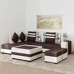 FURNY Stylerry 8 Seater Fabric LHS Sectional L Shape Sofa Set with 1 Centre Table & 2 Puffy (Brown-Cream)-image-93