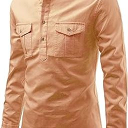 Men Pure Cotton Slim Fit Roll-Up Full Sleeve Double Pocket Short Kurta with Stylish Design | Super Soft Comfortable Beige Color Kurta for Casual Outings-image-69
