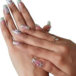 CherryBox 24 Pieces of Artificail Nails Set Pink Colour with Heart Diamond Studs Flower Print afor Weddings Parties Office Home Travel-picture-13