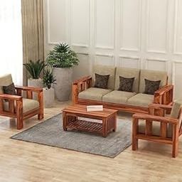 Sheesham Wood 3+1+1 Seater Sofa Set for Living Room | Wooden Sofa Sets | 5 Seater Sofa Set | Wooden Sofa Set with Cream Cushions for Office & Lounge - Honey Finish-image-9