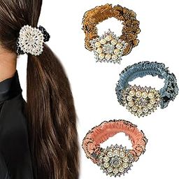 TEMPERIA (Pack Of 3) Rhinestone Studded Scrunchies For Women & Girls - Stylish Luxury Ponytail Rubber Band Ties for Hair Accessories - (Random Colors & Designs) (MN02)-image-42