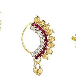 Medium Size Traditional Maharashtrian Banu Nath Nose ring without piercing Pearl Gold Plated Nath Combo Clip On Nose Ring For Women-image-1