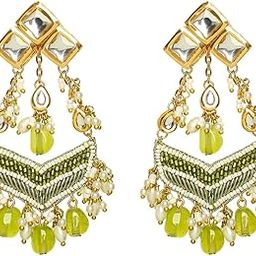 by EVERSTYLISH Kundan Earrings for Women | Polki & Green Beaded Statement Dangler Earrings | Ethnic Jewelry for Weddings, Festivals & Special Occasions-image-28