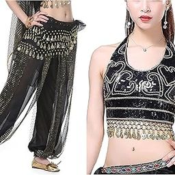VRITRAZ Women's Chiffon Belly Dance Chiffon Top, Harem Pants And Hip Scarf Ringy Golden Coins Fancy Pants-image-75