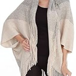 Winter Woolen Shawl Collar Warm Open Front Poncho Cardigan Shrug Style Wrap with Tassel Fringe Hem and Sleeves for Women-16