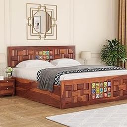 GF Furniture Sheesham Wood King Size Storage Bed with Multicolor Tile Inlay & Handcrafted Block Design | 78x72 Inches | Natural Finish | Solid Wood Platform Bed with Box Storage for Bedrooms-19