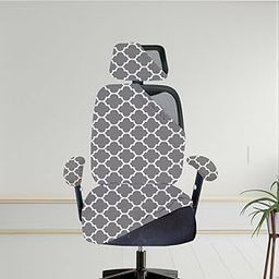ELEGANTA Stretchable Office Chair Cover Set with Headrest & Armrest Covers | Soft & Washable Office Computer Desk Chair Slipcover and Seat Protector for Office Chair | Pack of 1 (Grey Diamond)-image-18