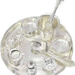 BENGALEN Silver Plated Pooja Thali Set 8 Inch Festival Ethnic Puja Thali Gift for Diwali, Home, Temple, Office, Wedding Return Gift Items-image-53