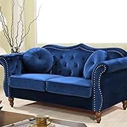 SUN HANDICRAFT Wooden Tufted Velvet Loveseat Sofa, 156 cm Wide with Decorative Nailhead Trim Sofa with Storage for Living Room,Hallway, Office, Bedroom (Blue)-image-9
