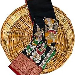 Women's Kalamkari Printed Dola Silk Kanchipuram Zari Work Border With Attach Unstitch Blouse Piece-33