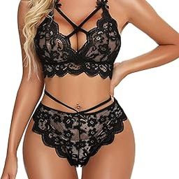 Women's Strappy Lace Bra Panty Lingerie Set-33