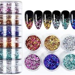 S.A.V.I 6 Jars Mixed Color Nail Glitter Sequins Set - Holographic Gold, Fuchsia, Blue, Silver & More | 35g Each | DIY Nail Art Decoration for Gel, Acrylic, Natural Nails | Festival & Party Shine-picture-10