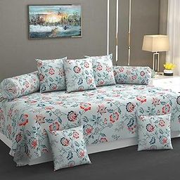 FESTIVAL HOME FURNISHINGS 400TC Microfiber Cotton Diwan Covers Set of 8 Pieces (Light Green, 60X90 Inch Bedsheet, 16x16inch Cushion Covers, 18x28 inch Bolster Covers, Standard)-46