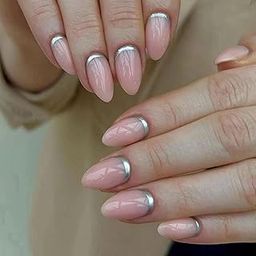 Kriga 24 Reusable Artificial Fake Nail Set| Peach Silver Bottom Line Almond Shape Glossy Nails| Lightweight & Long Lasting| Quick Fix For Festivals & Special Occasions-picture-35