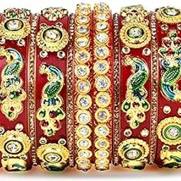 Plastic Regal Rajasthani Peacock Print Chuda: Ivory and Red Beauty with Kundan Handwork Pack of 14 Bangles With Gold Bangles-34