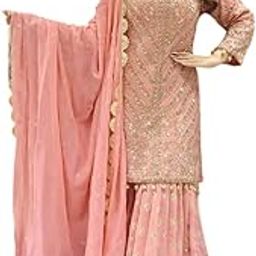 Women's Faux Georgette Embroidered Kurti with Sharara & Dupatta Set-image-71