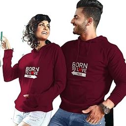 Men's & Women's Casual Born to Love Printed Full Sleeve Cotton T Shirt, Warm Pullover Monkey Cap, Hooded Neck, Regular Fit, Sweatshirts Hoodies for Couple- Pack of 2-image-101