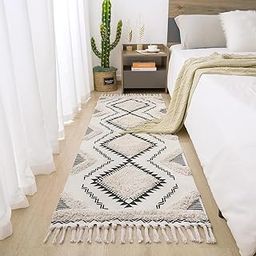 ALSTONIA Hand Woven Tufted 100% Natural Cotton Export Quality Designer Rug,Carpet, Bed Side Runner with Tassels for Bedroom,Living Room, Size-2x5 feet or 60 cms x 152 cms, (White & Black (Design A))-24
