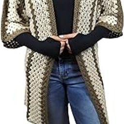 Crochet Cardigan with 3/4 Sleeves, Brown and Cream Colour, Open Front Design, Knit Pattern-25