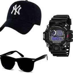 Latest Baseball Cotton Blend Casual Caps|Black Sunglasses and Multi Function Digital Sports Watch for Men's and Women's Combo Pack of 3-46