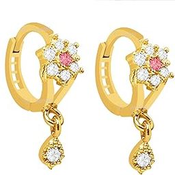 Gold plated Ad piercing type nosepin bali with Red and white ad stone nosepin/Nosering/nosestud for Women & Girls Pack of 1 pair of nosepins (red flower latkan pair)-14