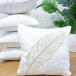 Pack of 5 Cushion Covers, 16x16 Inch, Velvet with Elegant Wing Emroidered, Decorative Sofa Throw Pillow Cases (White)-image-13