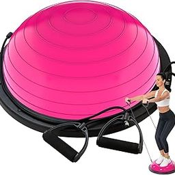 DrfzCa Balance Ball Trainer-Half Ball for Yoga with Resistance Band and Foot Pump, Improve Workout Half Balance Ball,Exercise Balance Ball for Stability Training and Home Gym(red rose)-image-119