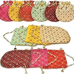 Embroidered Decorative Silk Potli Bag with Golden Pearl Moti Handle for Women with Zipper, Potli Bags Multi Colour (LXW:-22 X 22 Cm)-image-38