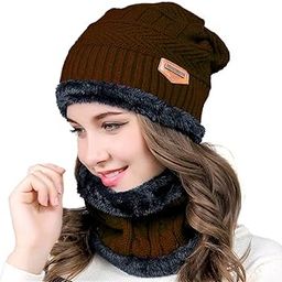 Winter Cap for Women with Neck Muffler Warn Soft for Snow | Knit Beanie Cap Hat Neck Warmer Scarf Set for Women (2 Piece Set) (Brown)-image-80