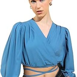 Women's Puff Sleeve Wrap Crop Top | Waist Strings | Chic & Flattering | Perfect for Dates & Casual Outings | Tops for Woman | Women Tops | Women Crop Top-image-82