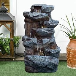 Holiness Craft Cascading Rock Waterfall Fountain, Indoor Outdoor Decorative Water Feature, Grey Stone Finish with LED Lights and Water Pump-image-30