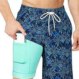 Mens Swim Trunks with Compression Liner Swimming Shorts 2 in 1 Stretch Quick Dry Zipper Pockets-image-86