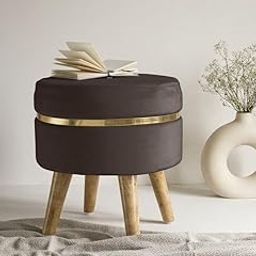 Ereteken ART Round Ottoman with Soft Febric Foot Rest Stool Linen Fabric Padded Seat Pouf Ottoman with Round Shape for Living Room-Light (Brown)-image-67