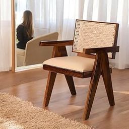 Streema art Solid Sheesham Wood Arm Chair with Cushion and Cane Back Support Chair Living Room Bedroom Home Wooden Armchair Furniture Garden Balcony Outdoor & Indoor (STORM01)-image-6