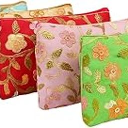 ArtTails Embroidery Pouch Set – 2 Zipper Chain Multipurpose Bags for Women, 9x5 inch, Golden & Multicolor, Pack of 6 | Travel Makeup, Shagun, Jewellery & Return Gift Pouches-image-95