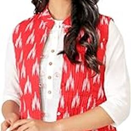Women Dark Orange Sleeveless Jacket Cotton Hand Blocked | Printed Regular Fit Coat for Girls-15